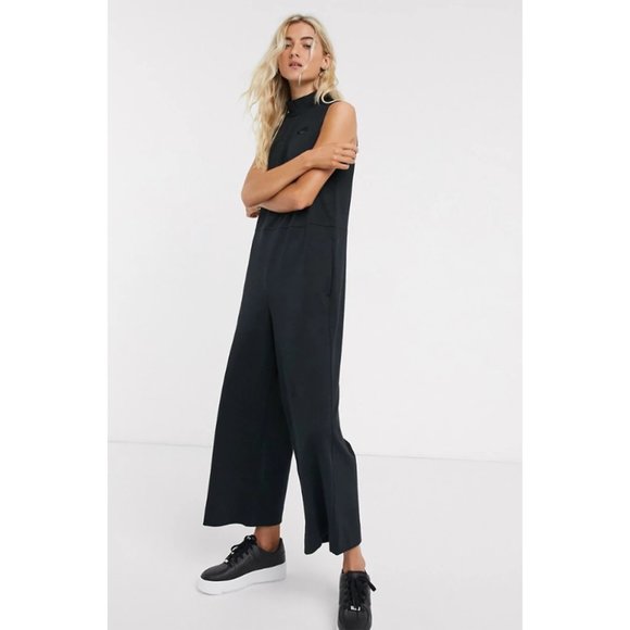 Nike Pants - Nike Premium High Neck Jumpsuit Black Wide Leg Crop Cotton Jersey Knit Logo S